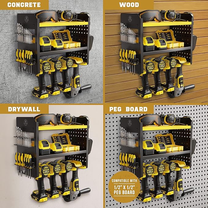 Power Tool Organizer Wall Mount - 3-Tier Heavy-Duty Metal Hand Tool Storage Rack, Utility Racks, Drill Holder, PegBoard Side, & More - Garage Storage Cordless Tool Organizer (Yellow)