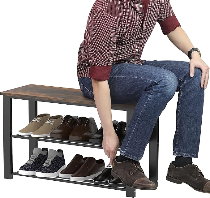 Simple Houseware Wood Top Shoe Storage Bench for Entryway, Rustic Brown