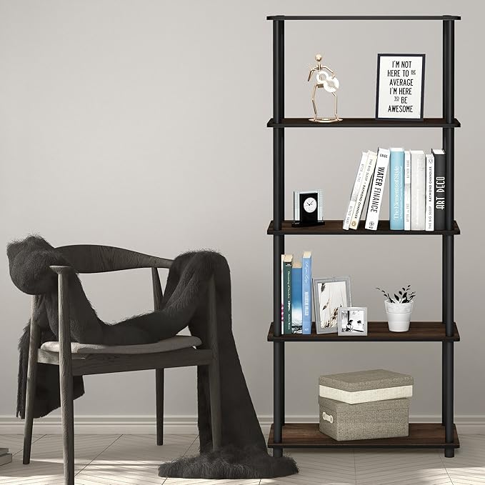 Furinno TURN-N-TUBE Storage Shelves, 5-Tier Book Shelf, Corner Shelf, Toolless Open Shelves, for Organization and Storage, Living Room, Garage, Home Office, Columbia Walnut