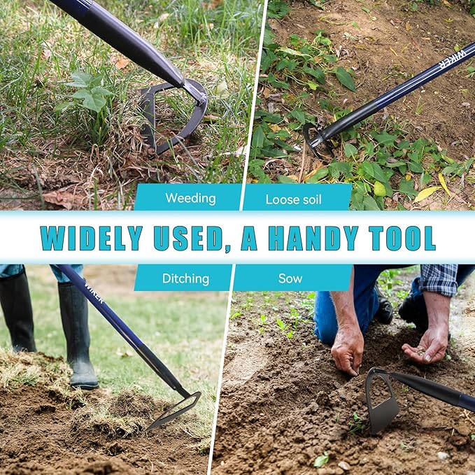 WIKER 57 Inch Professional Garden Hoe, Heavy Duty Weeding Tool with Pre-Sharpened Blade, Fiberglass Long Handle for Effortless Soil Cultivation and Weed Removal