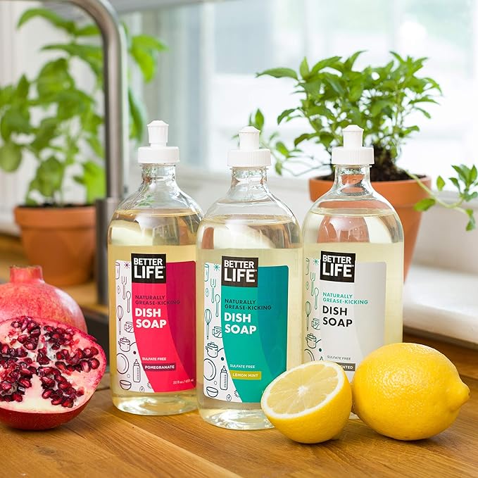 Better Life Dish Soap - Liquid Dishwashing Soap with Vitamin E and Aloe for Home & Kitchen Sink - No Gloves Required Kitchen Soap for Sensitive Skin - 22oz Lemon Mint