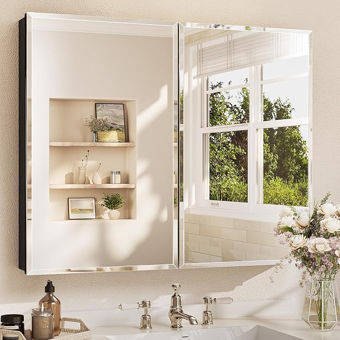 TETOTE 40 x 32 Bathroom Mirror with Storage with Tempered Beveled Mirror Black Medicine Cabinet Aluminum Cabinet DTC Hinges, Stepless Adjustable Shelves, Recessed/Surface-Mounted