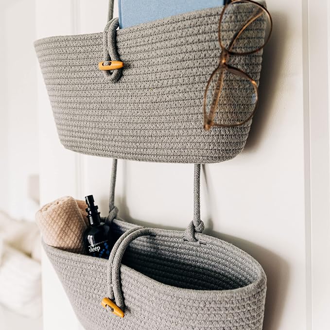 OrganiHaus 3-Tier Hanging Organizer, Gray Cotton Rope Baskets for Wall or Door – Boho Nursery & Home Storage