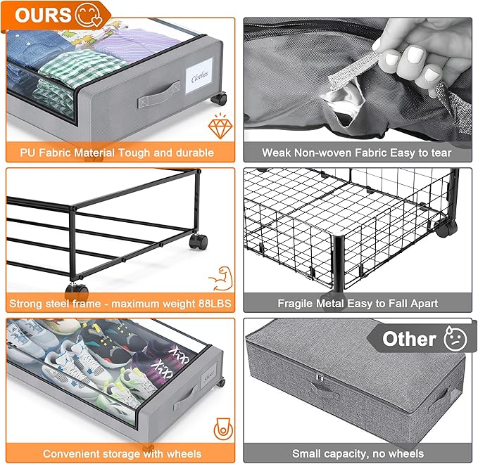 Under Bed Storage with Wheels, 2-Pack Under Bed Storage Containers with Clear Lids, XXL 60L Under the bed storage Organizer Bins, Rolling Under Bed Metal Drawer for Clothes,Shoes,Toys (Gray, 2 Pack)