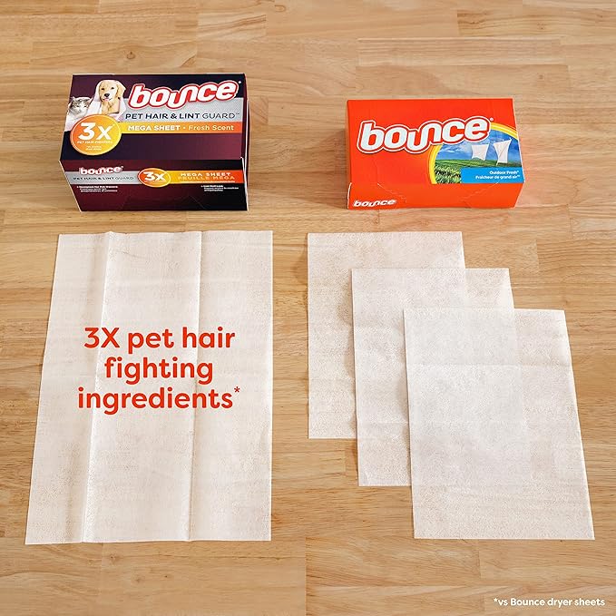 Bounce Pet Hair and Lint Guard Mega Dryer Sheets with 3X Pet Hair Fighters, Fresh Scent, 130 Count, Bounce Dryer Sheets, Fabric Softener Sheets