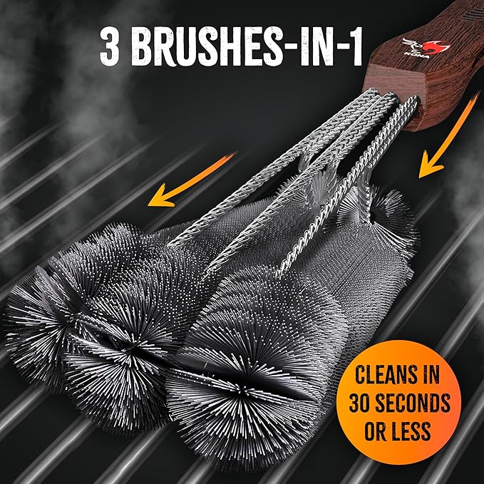 Kona 360 Clean Grill Brush - 18 inch Best BBQ Grill Brush - Wood Grain Designer Handle - Stainless Steel 3-in-1 Grill Cleaner Provides Effortless Cleaning