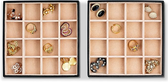 Earring Organizer Tray - Set of 2 - Stackable 32 Slots Jewelry Storage Trays - Display on Dresser or Drawer - Compatible with Other Glenor Trays - Black