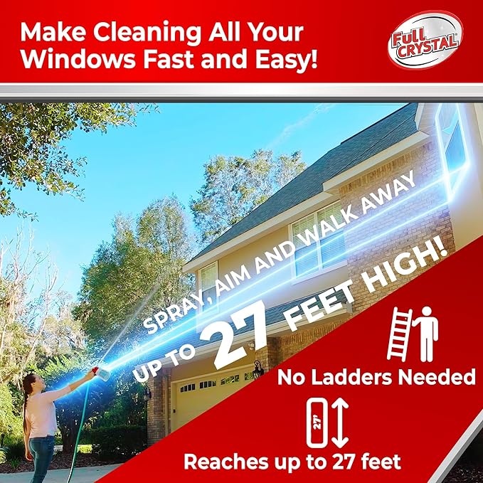 Full Crystal Window Cleaning Kit – 4 oz Glass Cleaner and Bottle with 27 ft Reach, Makes Up to 640 fl oz, Cleans Up to 20 Windows, Scrub-Free, Rinse-Free