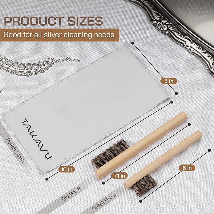 TAKAVU Horsehair Detail Brush Set, Silver Cleaning Brushes & Polish Cloth for Silverware Plateware Jewelry