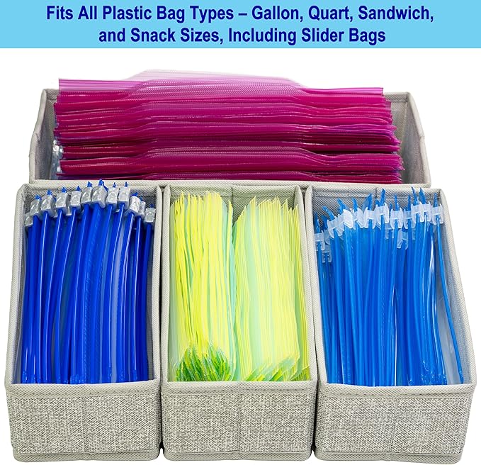 Kitchen Drawer Organizer – Set of 4 Rigid Fabric Bins – Fits Gallon, Quart, Sandwich & Snack Bags – Also Great for Utensils & Silverware