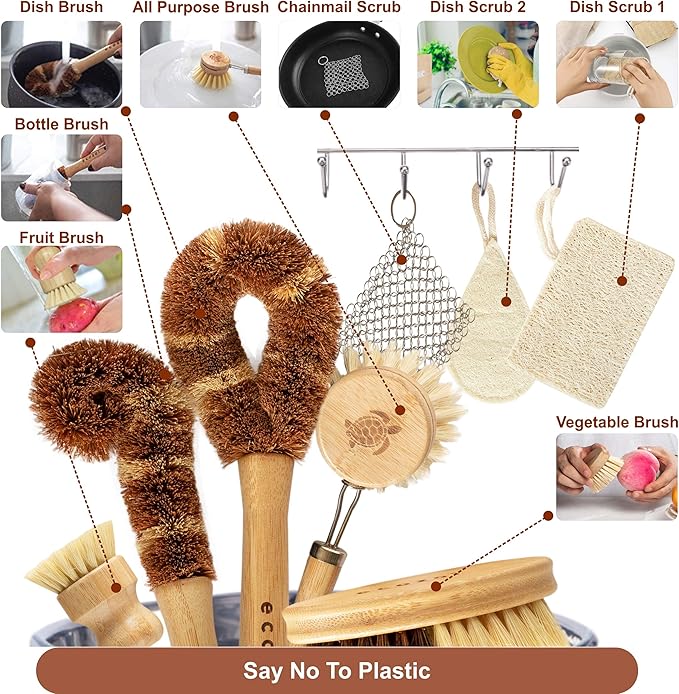 Bamboo Dish Brush Set, 9 Piece for Vegetable, and Kitchen Dish Cleaning, Sisal & Coconut Fibers with Bamboo Handles, Kitchen Brushes for Dishes, Pots, Pans