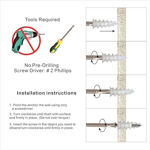 Self Drilling Plastic Drywall Anchors with Stainless Steel Screws Assortment Kit 100PCS, 50 Plastic Anchors and 50 Flat Head Screws, Dry Wall Anchors (100, #8)