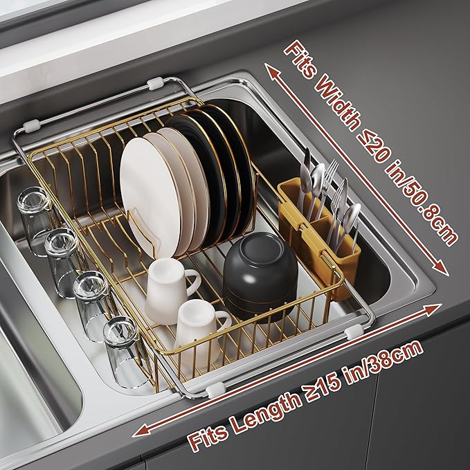 JASIWAY Gold in Sink Dish Drying Rack, Expandable Stainless Steel Small Dish Rack Over Kitchen Sink, Plate Drainer Strainer with Cutlery Holder & Cup Holders, Counter Space Saving Wire Dryer Rack