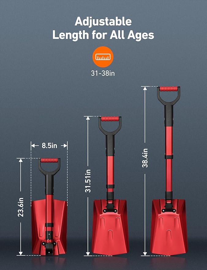 AstroAI 38.4" Folding Snow Shovel for Car, Extendable Snow Shovel with Thickened Aluminum Handle and Reinforced Iron Hinge, Portable and Multifunctional for Driveway, Cars, Camping and Mud, Red