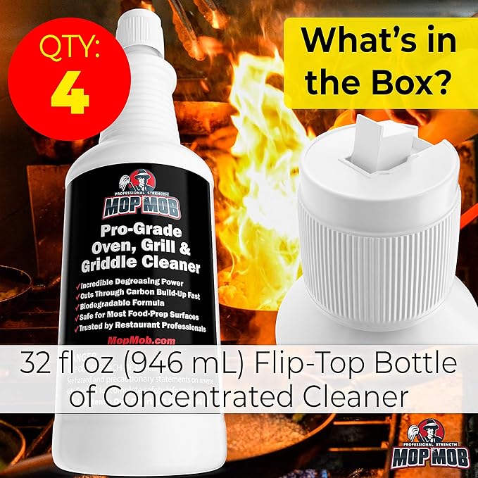 Commercial Grill and Oven Cleaner 32oz Concentrate 4pk. Heavy-Duty Fast-Acting Degreaser Solution Removes Carbon, Grime, Burnt Food and Oil for Griddles Fryer Baskets and Kitchen Cooking Surfaces.