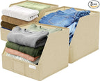 Trapezoid Storage Bins – 3-Pack Closet Shelf Organizer & Baskets, Open Front Bin for Shelves, Foldable Fabric Basket for Clothes, Cube Storage Bins, Towel, Clothing Shelf (Beige, 3 Pack)