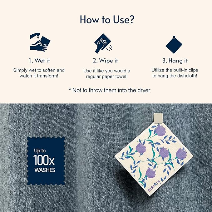 Swedish Dishcloths, 8 Pack Reusable Paper Towels with Clips, Non-Scratch Swedish Dish Towels for Kitchen, Super Absorbent Cellulose Dish Cloths, No Odor Cleaning Rags