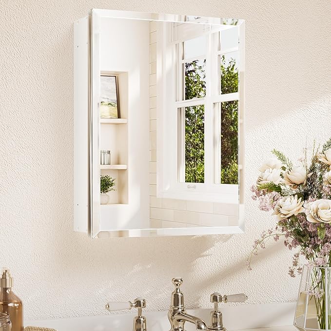 TETOTE 14 x 18 Medicine Cabinet with Tempered Beveled Mirror White Bathroom Mirror with Storage Aluminum Cabinet DTC Hinges, Stepless Adjustable Shelves, Recessed/Surface-Mounted