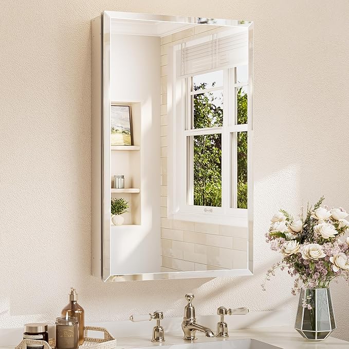 TETOTE 20 x 32 Medicine Cabinet Mirror with Tempered Beveled Mirror Silver Medicine Cabinet Aluminum Cabinet DTC Hinges, Stepless Adjustable Shelves, Recessed/Surface-Mounted
