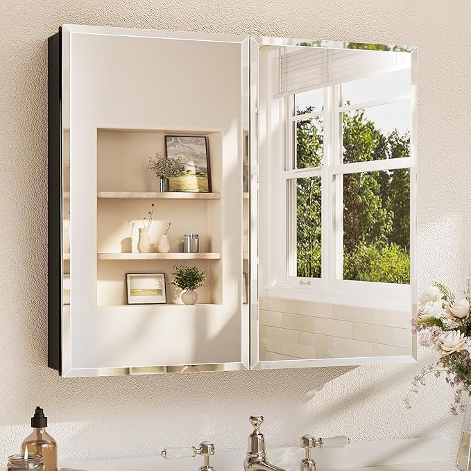 TETOTE 30 x 26 Bathroom Mirror with Storage with Tempered Beveled Mirror Black Medicine Cabinet Aluminum Cabinet DTC Hinges, Stepless Adjustable Shelves, Recessed/Surface-Mounted