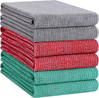Homaxy Premium Kitchen Towels(18”x 28”, 6 Pack), Large Cotton Kitchen Hand Towels, Flat and Terry Dish Towels, 380 GSM Highly Absorbent Tea Towel Set with Hanging Loop, Grey/Red/Green