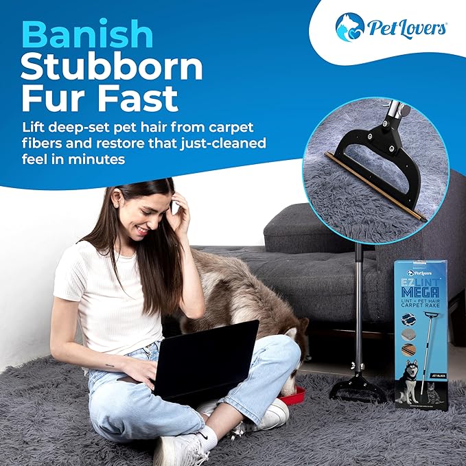 PetLovers EzLint Mega 52" Carpet Rake & Pet Hair Removal Tool – Dog & Cat Hair Remover Broom with Adjustable Handle & Extra Wide Head for Carpets, Rugs & Stairs (Black)