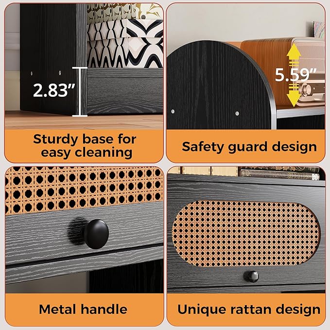 IRONCK 6 Tier Bookshelf and Bookcase with 2 Rattan Design Flip-top Storage Cabinets, 8 Cube Bookcases Display Storage Shelves Organizer for Living Room, 35.4" Black