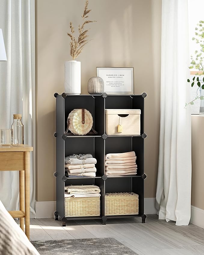 SONGMICS 6 Cube Storage Organizer, Modular Bookshelf, DIY Closet Organizers and Storage, Plastic Stackable Shelves, 11.8 x 11.8 x 11.8 Inch Cubes, with Feet and Rubber Mallet, Black ULPC06H