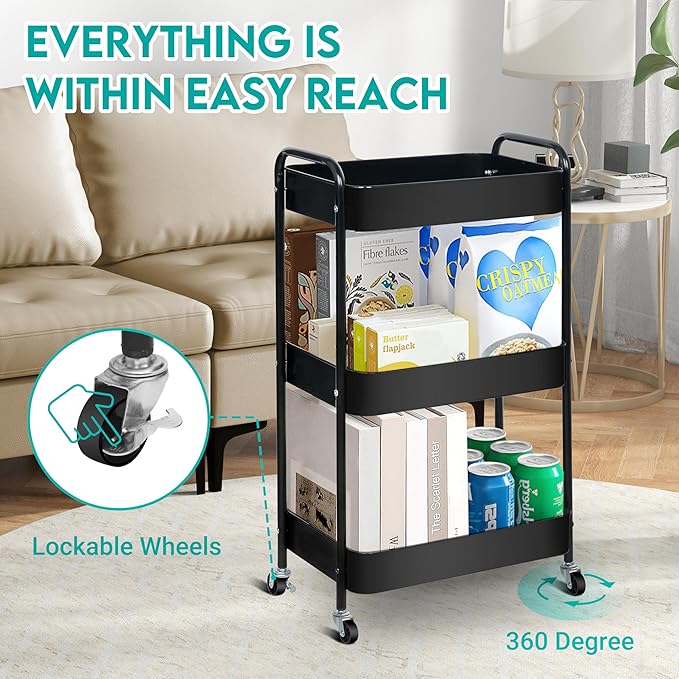 3 Tier Rolling Cart, Metal Utility Cart with 4 Hooks, Rolling Storage Cart on Wheels, Small Organizer Cart for Nursery, Kitchen, Living Room, Bathroom, Black