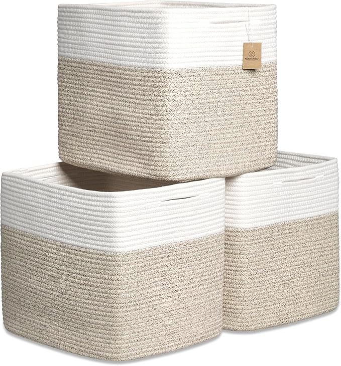 NaturalCozy 13x15x13 Kallax Storage Cubes Bins, 3 Pack | Cotton Rope Cube Storage Bin Woven Baskets for Organizing | Kallax Insert Storage Baskets for Shelves Organizer, Kids Toy, Closet Baby Nursery