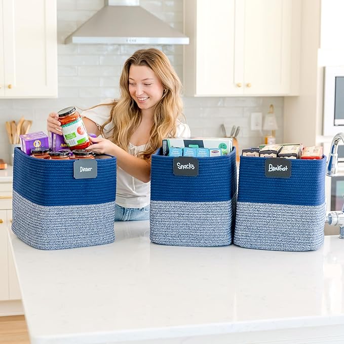 NaturalCozy 13x15x13 Kallax Storage Cubes Bins, 3 Pack | Cotton Rope Cube Storage Bin Woven Baskets for Organizing | Kallax Insert Storage Baskets for Shelves Organizer, Kids Toy, Closet Baby Nursery