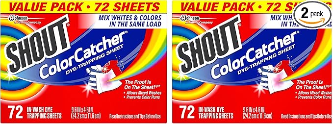 Shout Color Catchers for Laundry, Allow Mixed Washes, Prevents Color Runs and Maintains Original Clothing, 72 Count - Pack of 2 (144 Total Sheets)