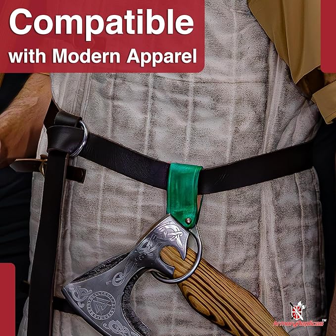 Armory Replicas - Hand Forged Medieval Viking Battle Axe Holder - Genuine Bovine Leather Functional Costume O-Ring Weapon Belt Holster