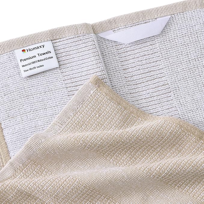 Homaxy Premium Kitchen Towels(18”x 28”, 6 Pack), Large Cotton Kitchen Hand Towels, Flat and Terry Dish Towels, 380 GSM Highly Absorbent Tea Towel Set with Hanging Loop, Grey/Green/Khaki