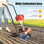 Gas Powered Tiller, 52Cc 2 Stroke Garden Yard Rototiller Tilling Cultivator Heavy Duty Gasoline Tiller with Adjustable Wheels & Long Handle for Plowing Turning Soil Ditching 1900W (52CC 2-Stroke)