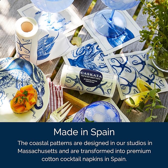 Coastal Cocktail Napkin Roll of 50 | 100% Cotton Quick Dry Reusable | Perfect for Home, Dining, Birthday, Gifts | Blue and White, 4.5W X 4.5L