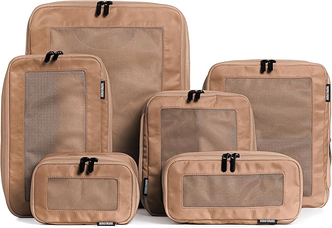 Compression Packing Cubes for Travel - Luggage Organizer Bags - Double Zipper Packing Cubes for Suitcases (6-Pack, Mocha)