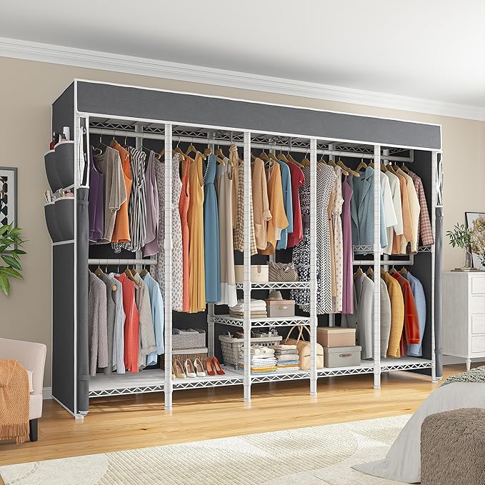 Raybee 90.6" W Clothes Rack with Cover Heavy Duty Clothing Racks for Hanging Clothes Extra Wide Portable Closet Loads 1200LBS Freestanding Garment Rack for Bedroom, White