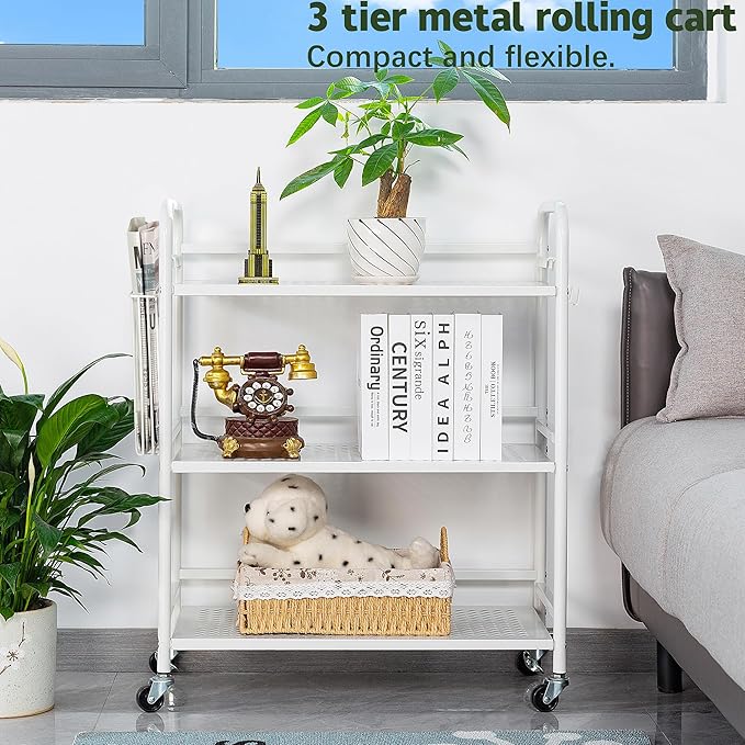 HDANI 3 Tier Metal Mesh Utility Cart,Large Capacity Multipurpose Heavy Vehicle,Rolling Trolley with to Hooks and One Basket(White)