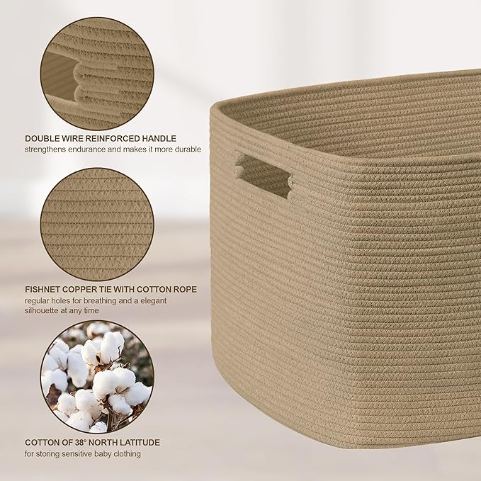 86L Large Wicker Laundry Basket for Living Room Storage,Boho Woven Cotton Rope Baskets for Kids Toy,Gifts,Square Blanket Hamper for Bedroom Dirty Clothes,Jute