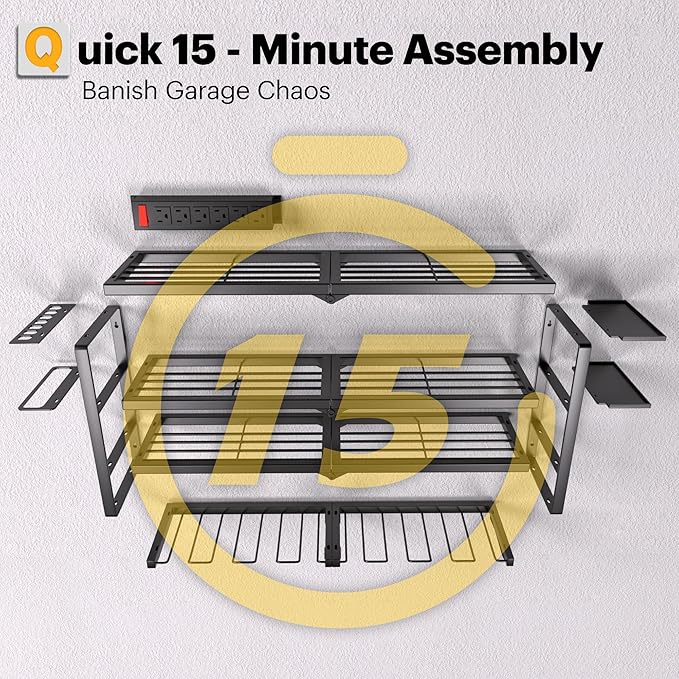 Power Tool Organizer, Quick Assembly & Max 420lb Load With 6 Outlet Power Strip, 4 shelves 8 Slots for Cordless Drill Holder Wall mount in Garage/Workshop/Pegboard Suitable for Birthday Gift