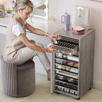 WOPITUES Plastic Storage Drawer Cart, Makeup Organizer and Storage with 10 Large Clear Drawers, Utility Wooden Rolling Cart on Wheels, for Cosmetic, Art Craft, Parts, Office Supplies, Toy, Grey