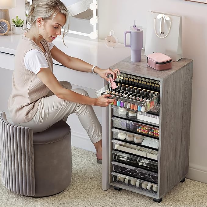 WOPITUES Plastic Storage Drawer Cart, Makeup Organizer and Storage with 10 Large Clear Drawers, Utility Wooden Rolling Cart on Wheels, for Cosmetic, Art Craft, Parts, Office Supplies, Toy, Grey