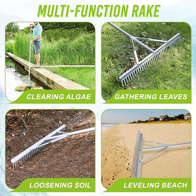 Floating Weed Lake Rake, 36 Inch Widths Pond Rake Aquatic Weed Rake, 133 Inch Extensible Multifunctional Folding Weeding Rakes, Aluminum Landscape Rakes with 49.2 FT Rope