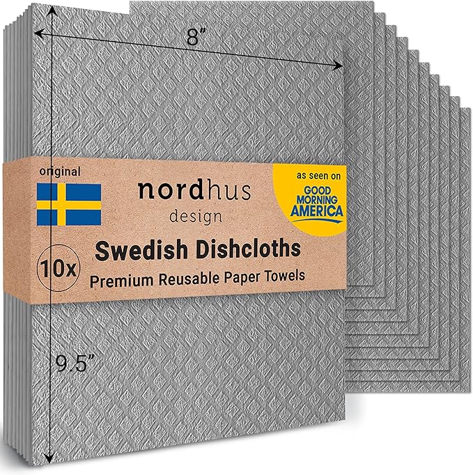 Nordhus Design Large Swedish Dishcloths, 10 Pack Grey- 9.5 X 8 inch Reusable, Washable Cellulose Cotton Kitchen Cloths - Replace Paper Towels, Wipes, Sponges, Dish Rags
