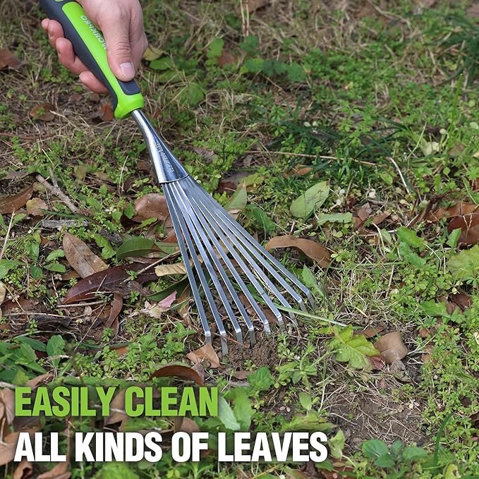WORKPRO 16" Hand Rake, Heavy Duty Stainless Steel Garden Rake with Soft Handle, Small Garden Hand Tool for Gardening, Cultivating, Loosening Soil & Spreading Mulch, Flower Beds