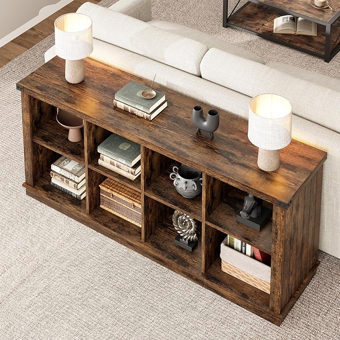 GarveeHome 8 Cube Storage Organizer Bookshelf, 3 Tier Farmhouse Horizontal Bookcase, 62 Inch Wood Storage Bookcase for Entryway, Long Low Bookshelves for Living Room-Retro Brown