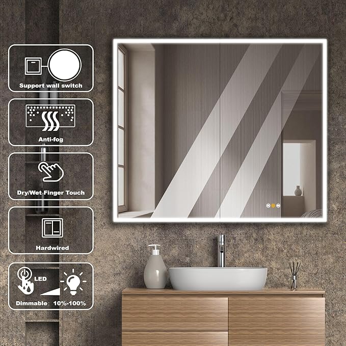 Gray Medicine Cabinets for Bathroom with Mirror, Surface Mounted LED Medicine Cabinets Mirror with Defogger, Dimmer, Outlets & USB, Double Doors, 42”W x 36”H
