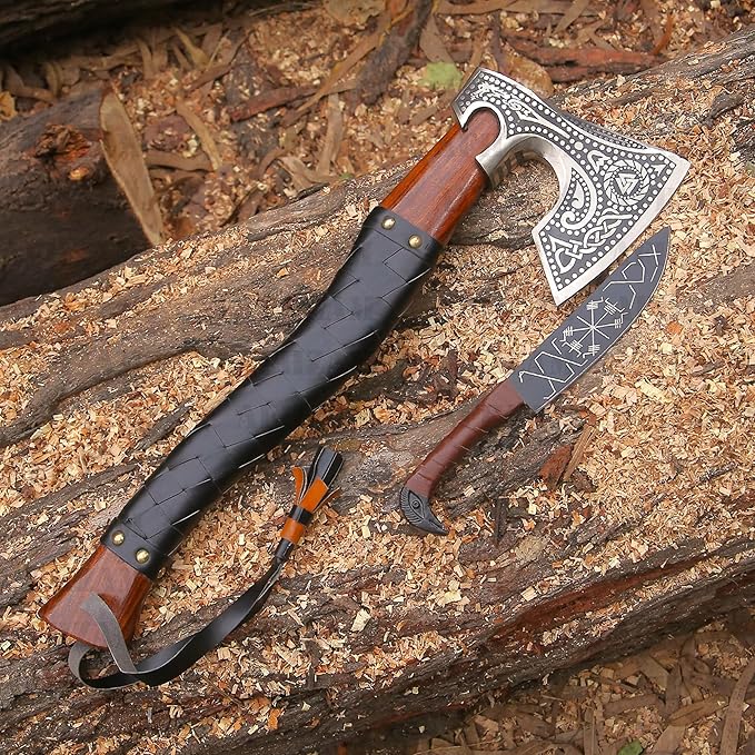 Viking Axe with Gift Vikings Knife Sheath | HandForged Carbon Steel Camping Axes and Hatchets Viking Gifts for Men | Bearded Vikings Valhalla Axe (Ax-64)