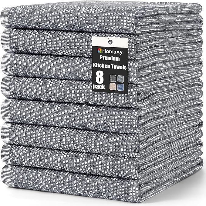 Homaxy Premium Kitchen Towels(18”x 28”, 8 Pack), Large Cotton Kitchen Hand Towels, Flat and Terry Dish Towels, 380 GSM Highly Absorbent Tea Towel Set with Hanging Loop, Grey